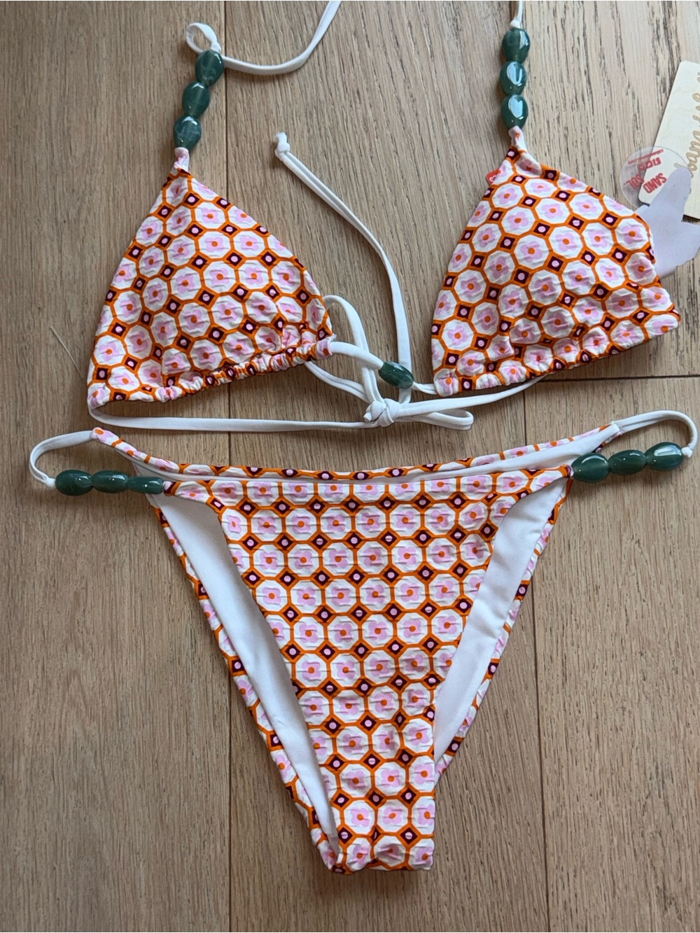 Cabana del Sol Orange Pink Geo Triangle Bikini Set Green Beaded String NWT